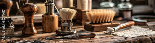 Retro Barbershop Tools, Traditional razors and brushes on an antique barber table, Old-fashioned grooming, Copy space photo