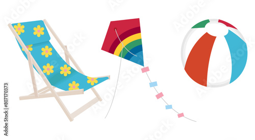 Summer set for relaxing on the beach. Blue chaise lounge with yellow flowers. Kite with colorful stripes. Bright inflatable ball. Elements on white background. Vector cartoon illustration. Beach games