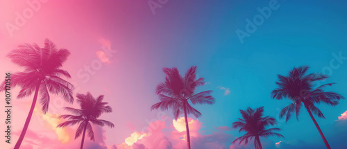 Neon Palm Trees, Silhouette of palm trees against a synthwave sky, Retro vacation vibe, Copy space © Gasi