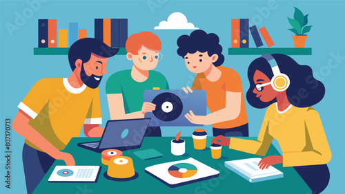 Artistic youths get crafty designing their own custom album covers during a workshop session on the visual impact of vinyl records. Vector illustration