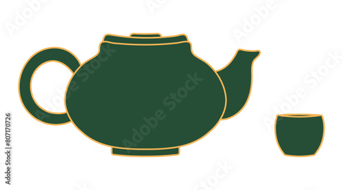 Teapot with teacup line art hand drawn illustration. Dragon Boat Festival, Mid Autumn Festival, traditional holiday clip art, card, banner, poster element. Asian style design, isolated vector.
