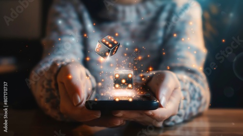 The picture shows a girl holding a smartphone. She presses on the dice icon. The image evokes entertainment, gambling, and fortune.