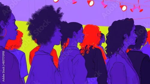 Silhouettes of people with colorful outlines in a room with a stage under red lights, in a pop art style.