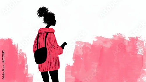 An illustration of a woman using a cell phone, isolated on a white background with abstract pink strokes. photo