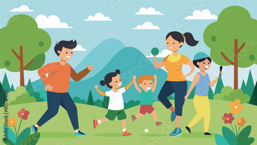 Parents and children bond over their love for fitness and the outdoors as they participate in a family fitness scavenger hunt in the park.. Vector illustration