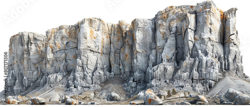 An immersive depiction of a towering mountain cliff against a pristine white background, capturing the rugged texture and grandeur of the natural formation