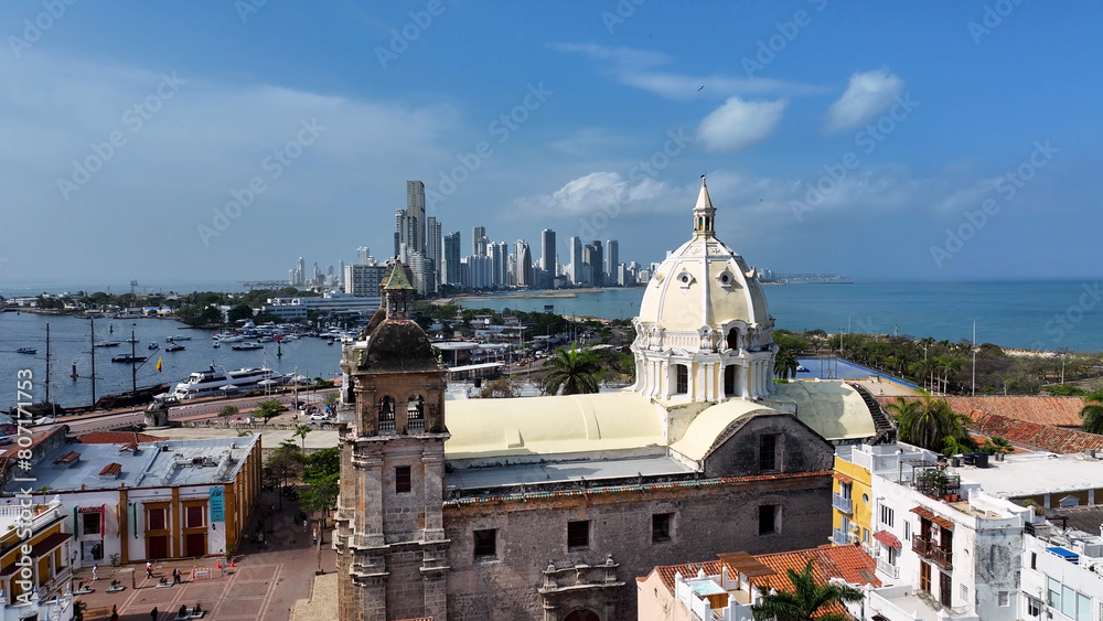 Cathedral At Cartagena In Bolivar Colombia. Caribbean Church. Downtown City. Cartagena At Bolivar Colombia. Religion Landscape. Cityscape Landmark.