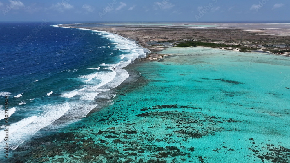 Caribbean Skyline At Kralendijk In Bonaire Netherlands Antilles. Island Beach. Blue Sea Landscape. Kralendijk At Bonaire Netherlands Antilles. Tourism Background. Nature Seascape.