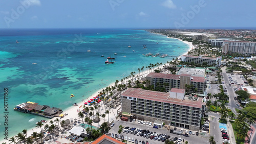 High Rise Hotels At Palm Beach In Oranjestad Aruba. Beach Landscape. Caribbean Paradise. Palm Beach At Oranjestad Aruba. Seascape Outdoor. Nature Tourism.