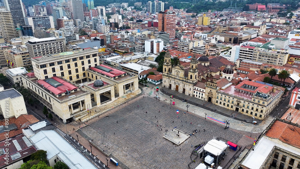 Plaza De Bolivar At Bogota In Cundinamarca Colombia. Downtown Cityscape. Financial District Background. Bogota At Cundinamarca Colombia. High Rise Buildings. Business Traffic.