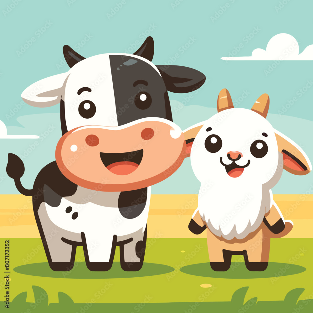 Obraz premium A cartoon of a joyful cow and goat