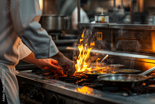 chef working in the kitchen, In the heart of a bustling restaurant kitchen, the deft hands of a seasoned chef work their magic amidst the flickering flames of the stovetop photo