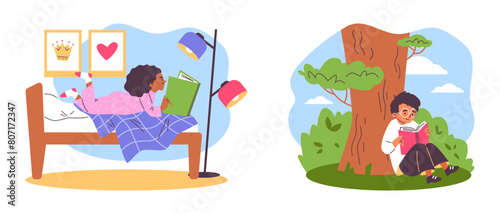 A banner with a set of pictures of children's reading in different locations and poses.