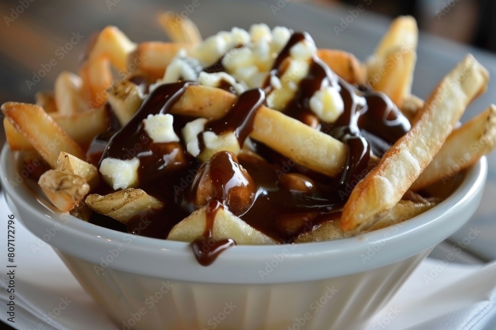 Close-up of Poutine, a Canadian Dish of Fries Topped with Cheese Curds and Brown Gravy, on Wooden Table Close-up of Poutine, a Canadian Dish of Fries Topped with Cheese Curds and Brown Gravy, on Wooden Table