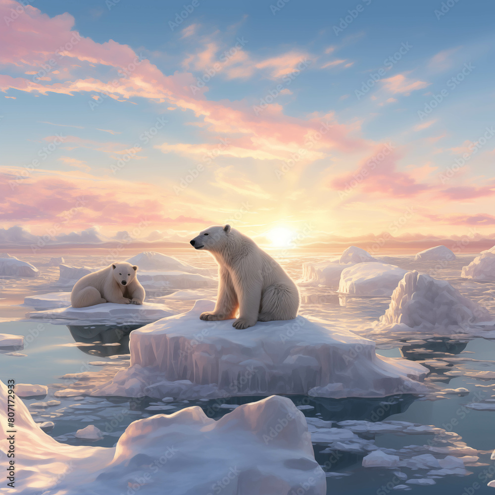 Naklejka premium White polar bear and ice that is partially melted due to global warming.