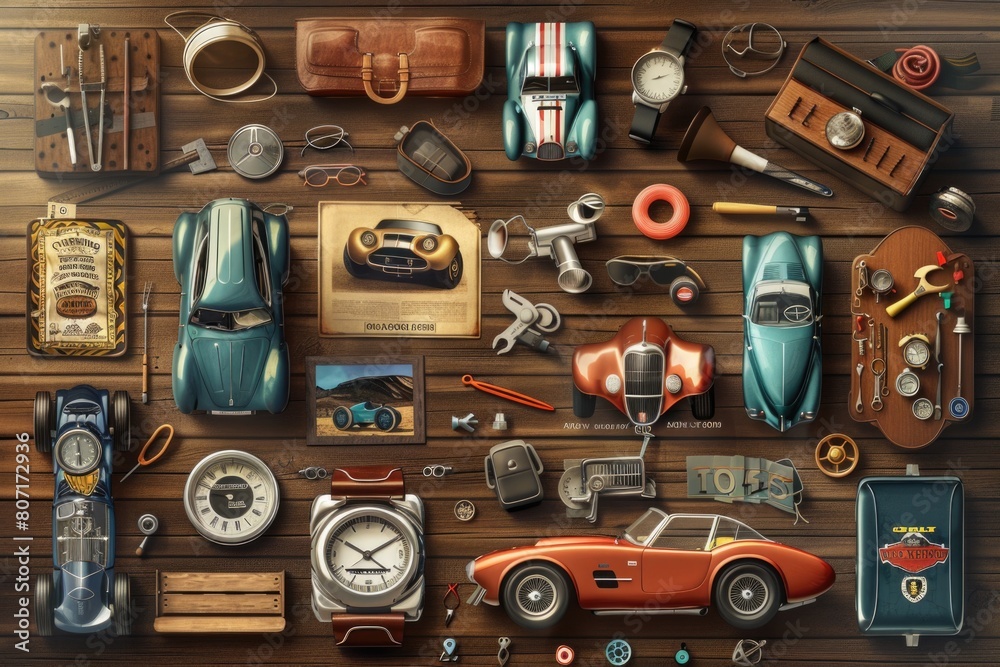Detailed depiction of car enthusiast culture with a collection of cars, tools, magazines, and trophies. Detailed depiction of car enthusiast culture with a collection of cars, tools, magazines, and trophies.