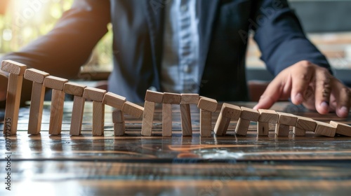 The man stops the falling dominoes. Crisis management concept.