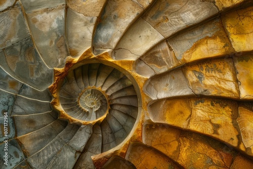 Fantasy spiral staircase. Golden ratio concept. Nacre pearl material natural stone. 