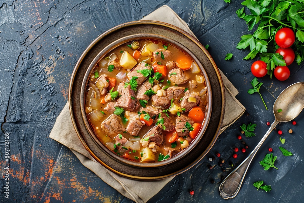 Thick German soup with beef chicken bacon Traditional hot meal Steps to cook Ceramic bowl spoon Top view Thick German soup with beef chicken bacon Traditional hot meal Steps to cook Ceramic bowl spoon Top view