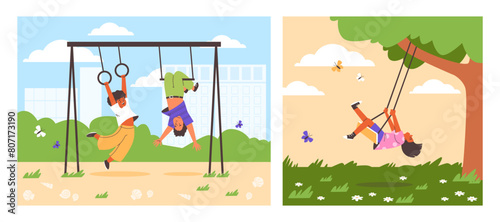 Urban and nature swings playtime illustration, vector