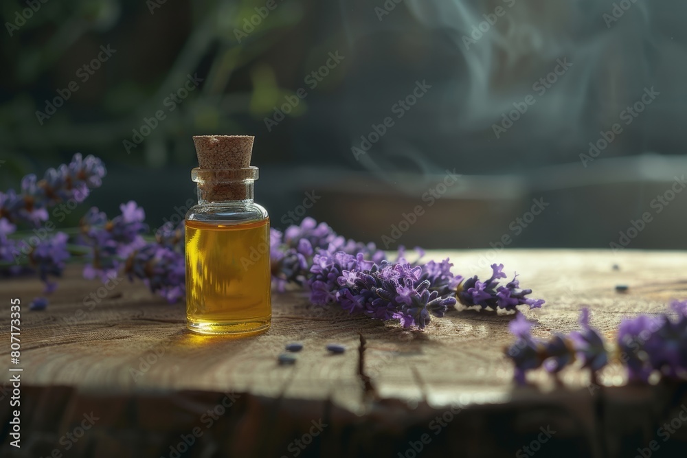 lavender essential oil in bottle with purple flowers at eco farm, product photography