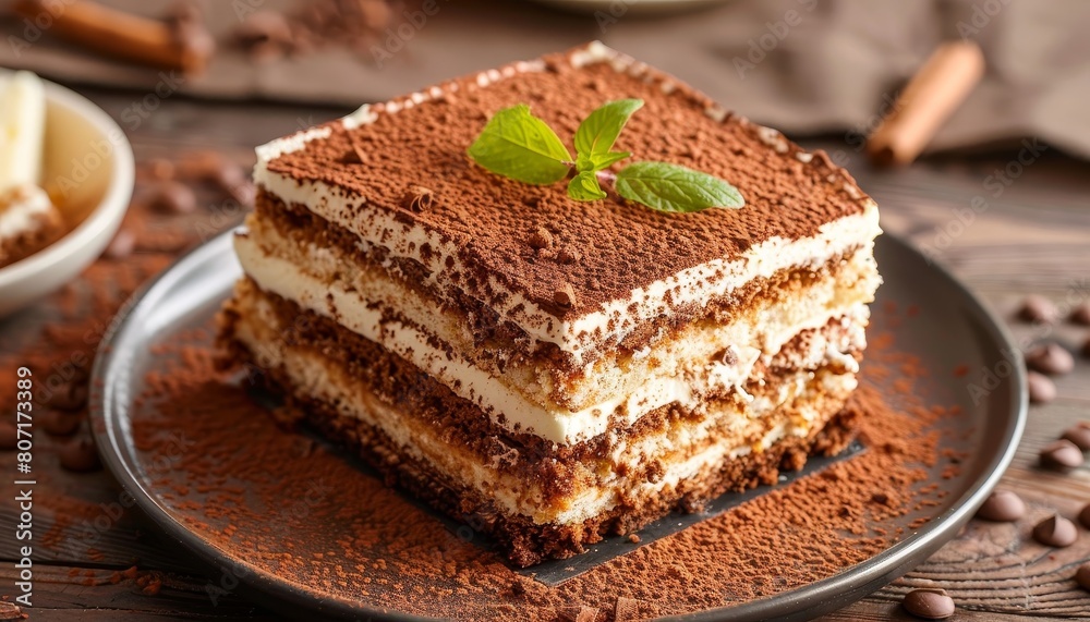 Tiramisu cake served on a plate