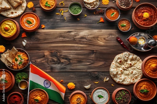 India Day celebration captured with cultural symbols on a wooden backdrop, showcasing India's rich heritage photo