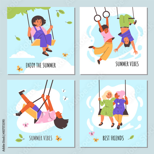 Summer joy with swings and friendship illustration, vector