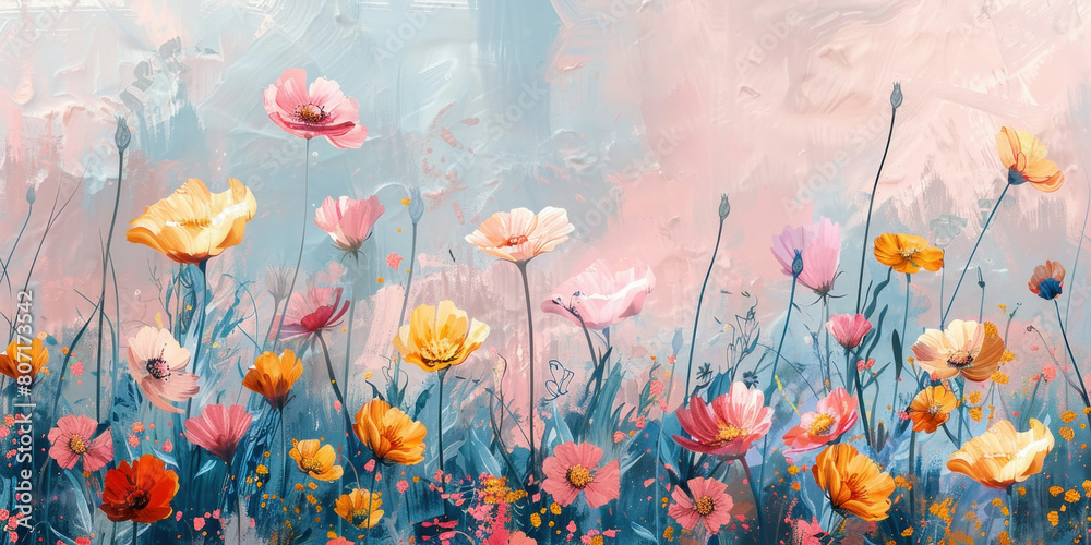 Vibrant Floral Arrangement in Oil on Blue and Pink Background with Yellow and Orange Flowers Vibrant Floral Arrangement in Oil on Blue and Pink Background with Yellow and Orange Flowers
