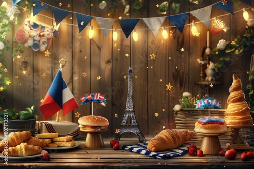 France Day Celebration Scene with Eiffel Tower, French Landmarks, and Cuisine on a Rustic Wooden Background photo