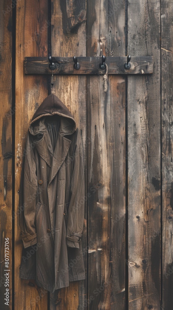 Fototapeta premium A coat hangs gracefully on a weathered wooden door, embodying a vintage and grunge-inspired style