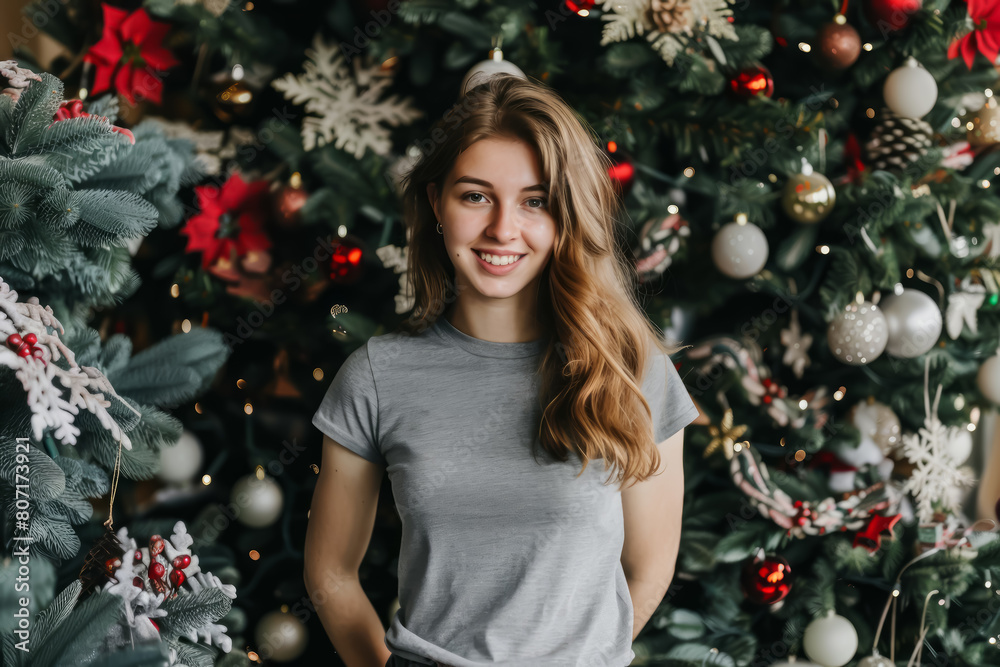 A woman is smiling in front of a Christmas tree