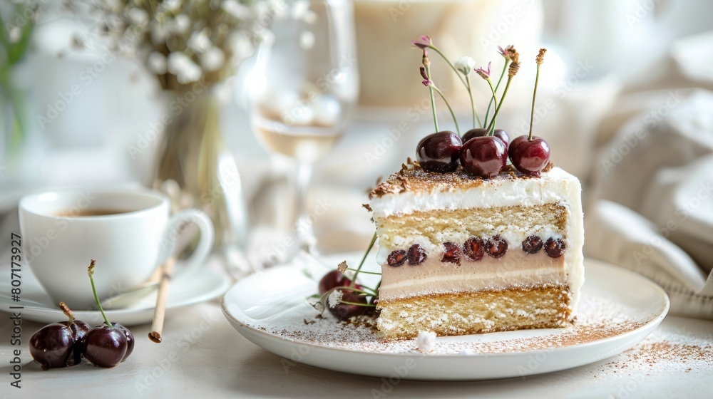 A cake with cherries on a plate and a cup of coffee A cake with cherries on a plate and a cup of coffee