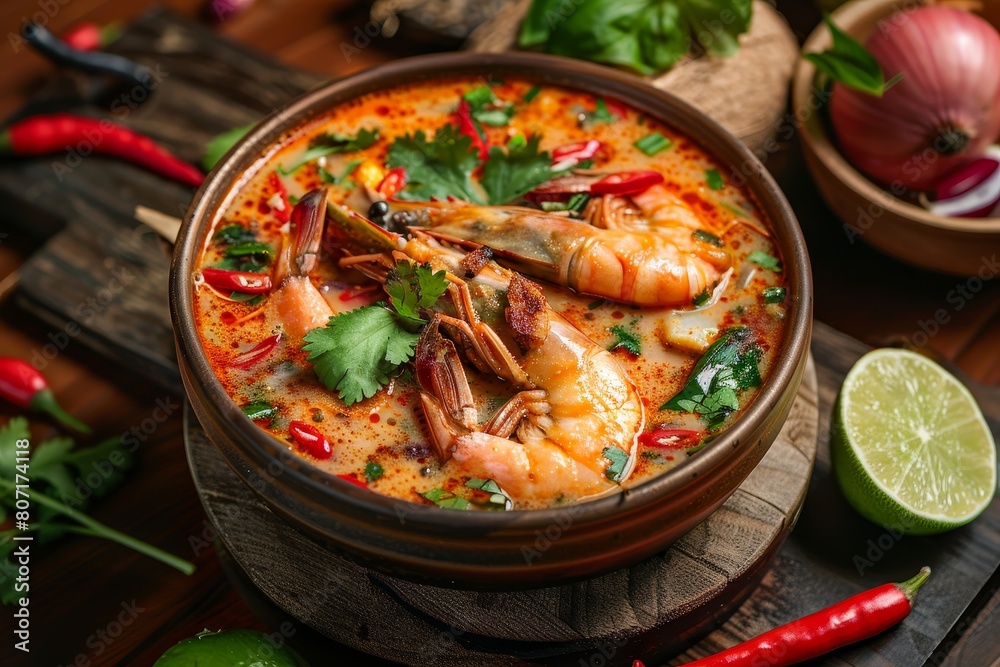 Tom Yam Kung Spicy shrimp soup with coconut milk lime and seafood Tom Yam Kung Spicy shrimp soup with coconut milk lime and seafood