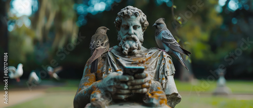A statue of a man holding a cell phone with two birds perched on his shoulders