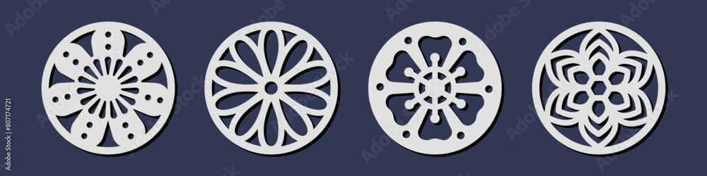Vector set of laser cut circle coaster templates with floral ornament ...