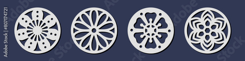 Vector set of laser cut circle coaster templates with floral ornament. Cnc cutting with metal, wood, paper, glass, leather, engraving. Round decorative panel design