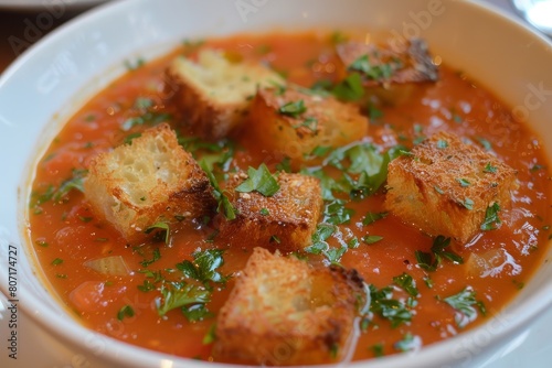 Tomato soup with croutons and parsley