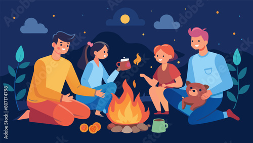 A family gathers around a campfire telling stories and roasting marshmallows while discussing ways to save and add to their piggy bank for their. Vector illustration