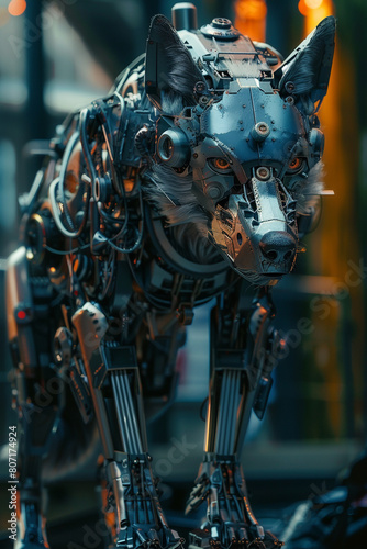 The robot dog is made of metal and has a steampunk style. It is standing in a dark room and looking at the camera.