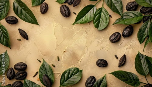 Tonka beans and green leaves float on a beige background used in pastry confectionery baking cooking and flavoring photo