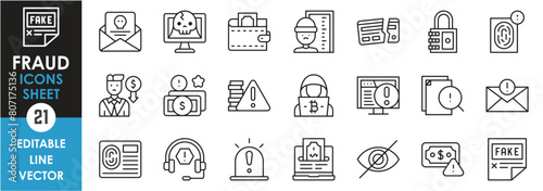 Linear icons set related to fraud, crime, theft, loot, and so on. Outline icons set related to corruption.