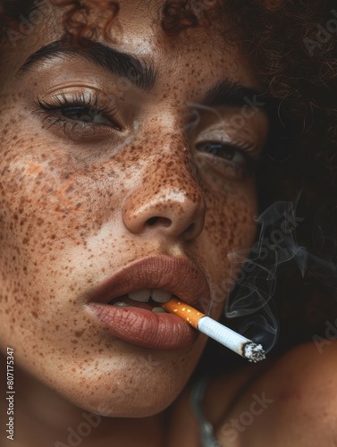 Close-up portrait of a young woman smoking a cigarette. The concept of bad habits.