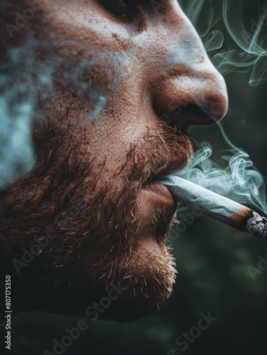 Portrait of a bearded man with a cigarette in his mouth. photo