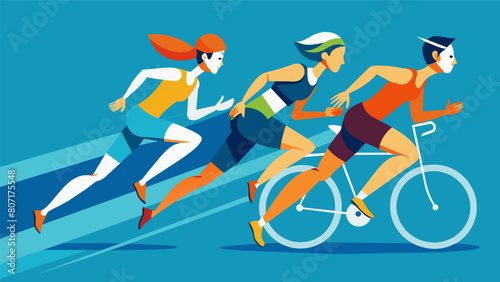 In a flurry of quick movements and intense concentration the triathletes complete their transitions and continue on their journey towards the ultimate. Vector illustration