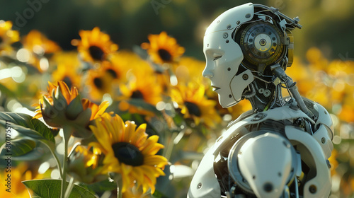 The AI-powered robot stands in a field of sunflowers, its face turned upwards to the sun photo