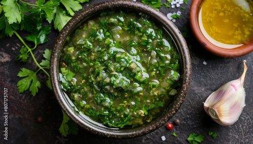 Top view of a healthy condiment recipe fresh salsa verde in a bowl with a green sauce made from fresh herbs spices and a chimichurri dipping sauce created with