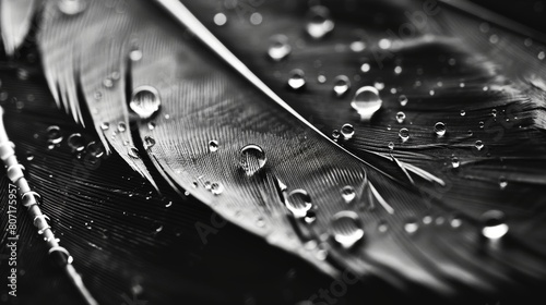 Black and white photograph of part of a feather with water drops in it.