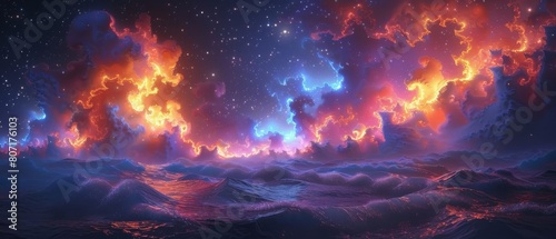 A surreal landscape of cosmic clouds and stars, with vibrant colors representing the night sky. In front is an oceanlike sea of fire, illuminated
