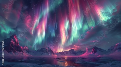 Vibrant aurora borealis over snowy mountains and starry sky